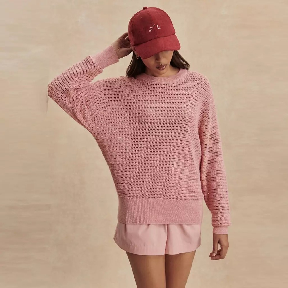 Varley Women Pink Cotton Open Knit Mesh Crewneck Sweater VAR01044 Size M